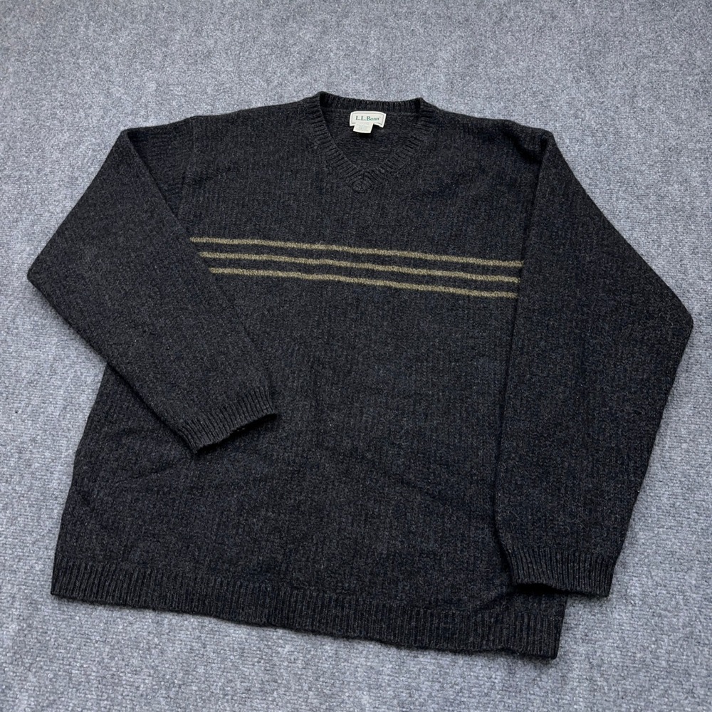Vintage L.L.Bean V-Neck Sweater Mens Large Dark Gray Wool Blend Stripe Canada